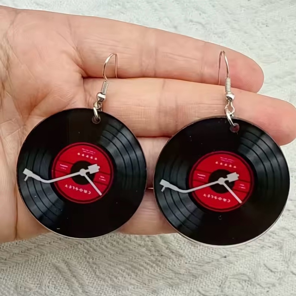 Vinyl Record Design Earrings Black and Red Simple Classic Phonograph music lover